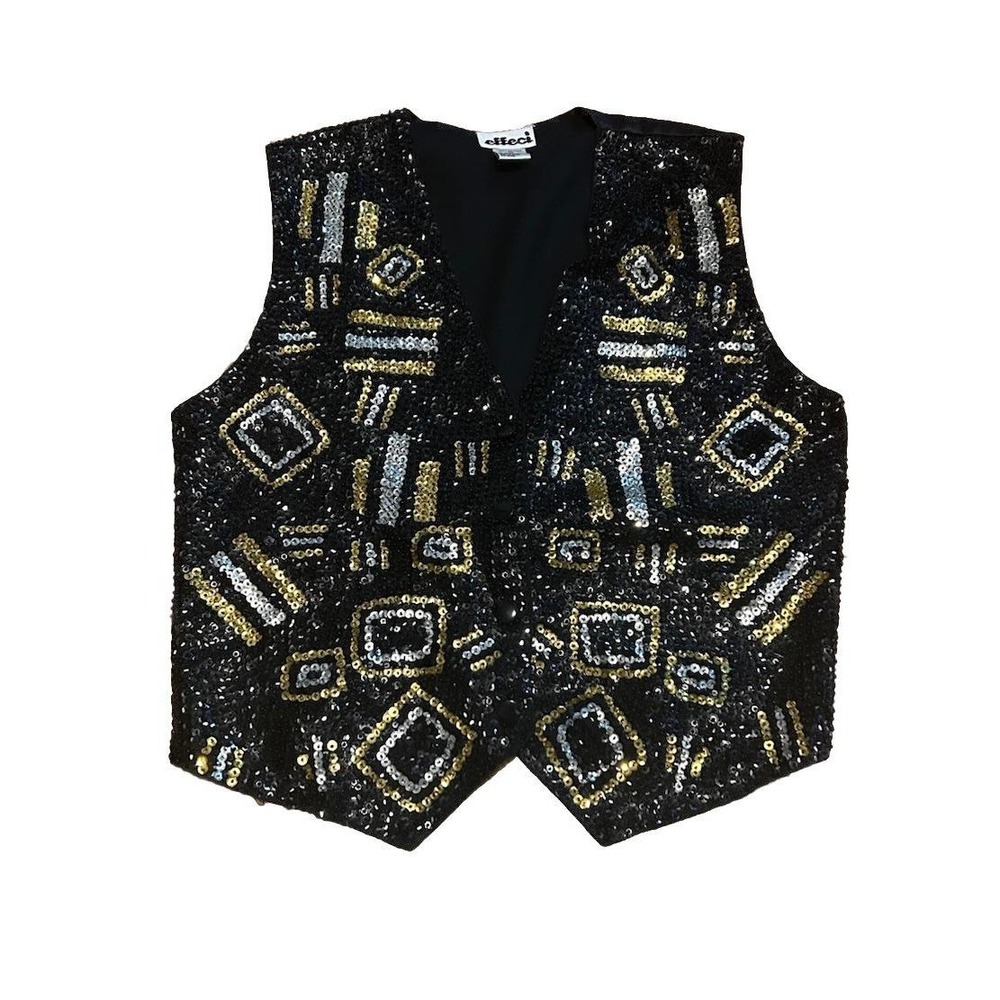 Vintage WOMENS 80's Halloween Vest Beaded Small Disco Sequin Black Gold magician